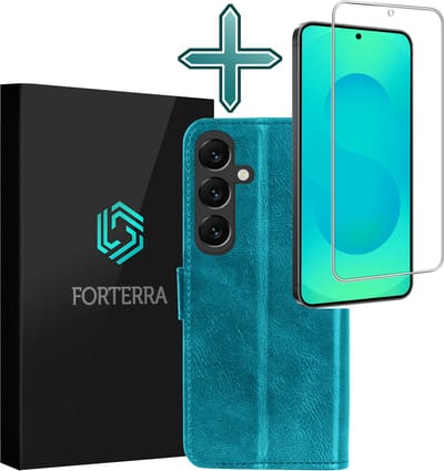 Hoesje Met Screenprotector - Geschikt voor Samsung Galaxy S25 FE - Luxe Pasjeshouder - Flipcase - Bookcase Portemonee - Flip Case - Kunstleer Book Case - Book Cover - Walletcase - Portemonneehoes - Turquoise