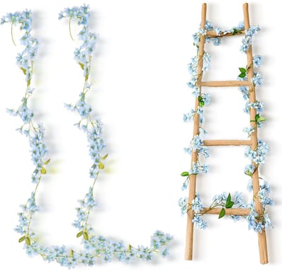 kersenbloesemslinger, verpakking van 2 stuks van 1,8 m bloemenslinger, hangende rank zijden bloemen decoratie, 120 bloemhoofden, kunstbloemen, hangend, blauwe kunstbloemen voor bruiloft