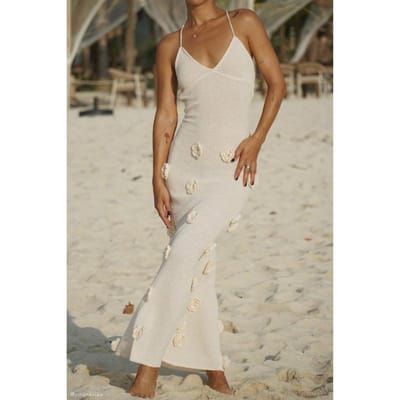 Dames Nieuwe Bretelsrok Sexy Jurk Driedimensionaal Gebreide Bloemen Backless Vetersluiting Heuprok L beige