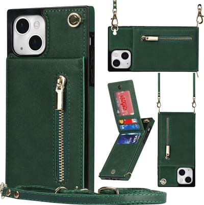 Multimedia & Accessoires Stijlvolle Leren Fashion Backcover Case Hoesje met Koord, Stand Ritsvak en Pasjeshouders geschikt voor Apple iPhone 15 - Groen