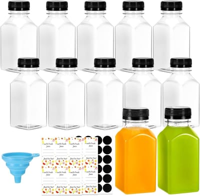 Dailygoods- Sapflessen 12 stuks - Herbruikbare plastic flessen 250 ml - Deksels met etiketten - Hittebestendig PET - Vierkante flessen - Draagbaar ontwerp - Drankflessen