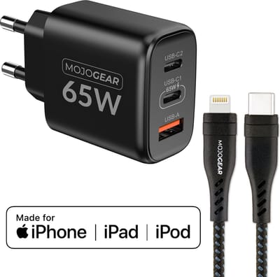 MOJOGEAR CHARGE+ iPhone oplader - 65 Watt snellader met Lightning naar USB-C kabel - Kabel van 15, meter — Geschikt voor snelladen iPhone 11/12/13/14 via USB Power Delivery — Laptop/Smartphone/Tablet oplader met 2x USB-C en 1x USB — Zwart