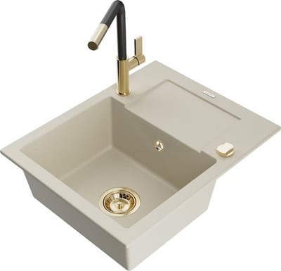 Mexen Enzo granieten gootsteen 1-komers met afdruipplaat en keukenmengkraan Flora, beige - 6506-69-670401-57-G
