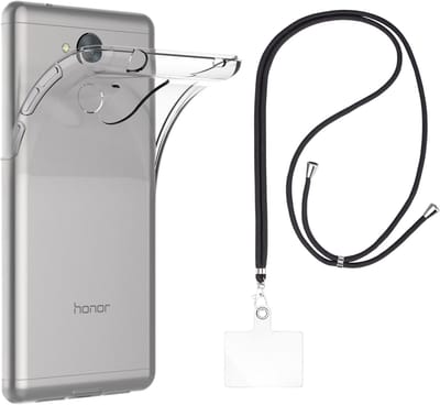 Set met hoesje en nekband voor huawei honor 6c - Flexibele, transparante TPU-bescherming, verstelbare universele nekband voor mobiele telefoons, zwarte nekband, transparante draagriem van Phonillico®