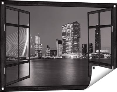 Gards Tuinposter Doorkijk Rotterdamse Skyline - Zwart Wit - 90x60 cm - Tuindoek - Tuindecoratie - Wanddecoratie buiten - Tuinschilderij