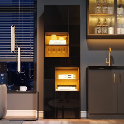 DESMIU Vitrinekast - Slank Hoog Model Met Ledverlichting En Hoogglans Front - Voor Woonkamer En Presentatie - Spaanplaat - Zwart - 55 X 38 X 170 Cm