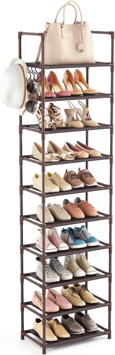 10-laags smalle schoenenrek voor 20-25 paar schoenen, open kast met metalen frame en non-woven stoffen planken voor slaapkamer en gang, bruin