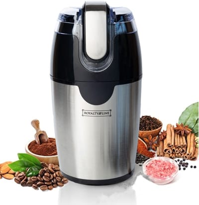 Royalty Line® CGE200 Elektrische Koffiemolen - 200W - Koffiebonen Maler - 70gr Bonenmaler met RVS Messen - BPA Vrij Coffee Grinder - Kruidenmolen Voor Kruiden, Noten & Specerijen - RVS / Zwart