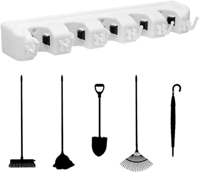 Famanu – Bezemhouder wandrek met 5 automatische houders en 6 opvouwbare haken, ideaal voor tuingereedschap