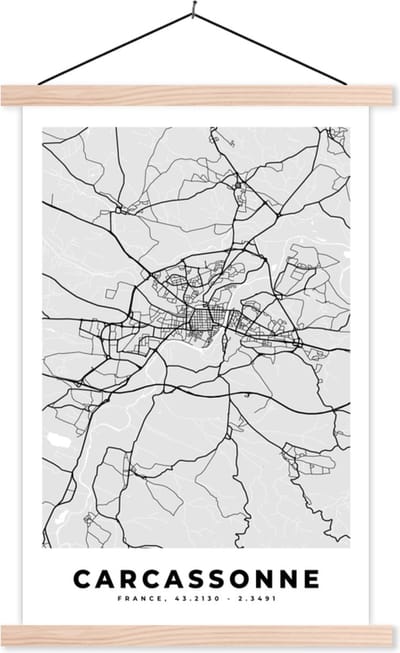 Posterhanger incl. Poster 40x60 cm - Schoolplaat - Plattegrond – Carcassonne – Stadskaart – Kaart – Frankrijk - Textielposter - Blanke latten - Stadskaart