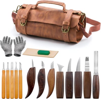 Houtsnijset - 17-delig, houtsnijgereedschapsset met leren etui, houtsnijmessenset, doe-het-zelf houtsnijmessenset voor beginners en professionals