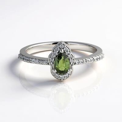 Cavill - Zilveren ring 925 Sterling - Groene Ceylon zirkoon 0,45 ct met Cambodjaanse zirkonen - Peervormig geslepen, platina coating, elegant
