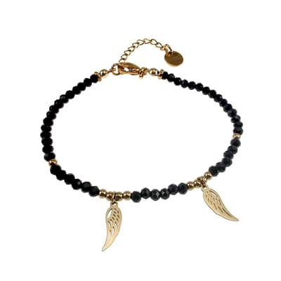 Gefacetteerde Zwarte Kristallen Armband met Engelenvleugelhanger, Armband Dames, RVS Verguld - Verstelbaar 15cm tot 19cm