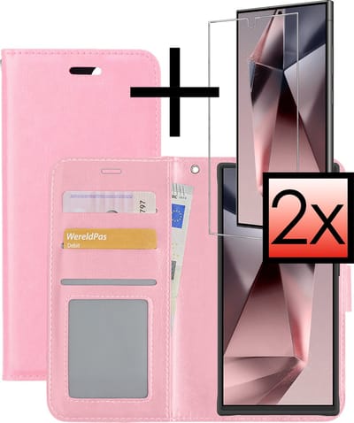 Hoesje - Met 2x Screenprotector - Geschikt voor Samsung Galaxy S24 Ultra - Luxe Pasjeshouder - Bookcase Portemonee - Flip Case - Kunstleer Book Case - Flipcase Hoes - Book Cover - Walletcase - Portemonneehoes - Lichtroze