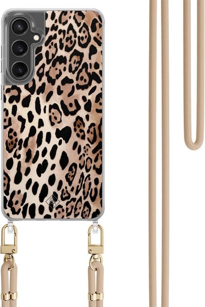 Casimoda® hoesje met koord - Geschikt voor Samsung S24 FE - Luipaard print bruin - Afneembaar koord - TPU/polycarbonaat - Bruin/beige