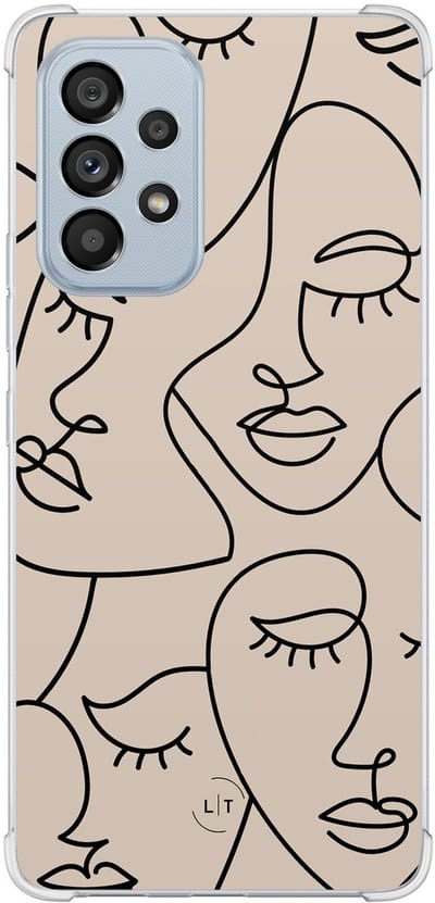 Shockproof hoesje - Geschikt voor Samsung Galaxy A53 - Abstract faces - Extra sterke case - TPU/polycarbonaat - Print / Illustratie - Beige, Transparant