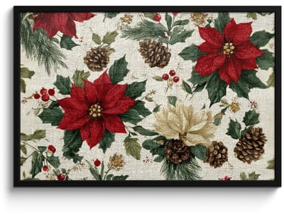 Poster in lijst - Fotolijst 90x60 cm - Posters - Feestelijk - Textielpatroon - Kerstbloemen - Kleurrijk - Posterlijst zwart - Decoratie - Wanddecoratie woonkamer - Muurdecoratie slaapkamer - Kerstversiering - Kerstdecoratie voor binnen - Kerstmis