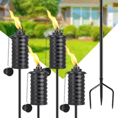 Citronella fakkels voor buiten | Set van 4 metalen tuinfakkels met geaarde staak | 133 cm decoratieve fakkels