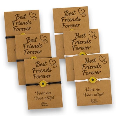 Vriendschapsarmbandjes voor 6 "Best Friends Forever" - Zonnebloem - BFF Armbandjes met Persoonlijk Cadeau Kaartje - Wit & Zwart met Bloem Hanger - Op Zes Kaartjes- Pax Amare