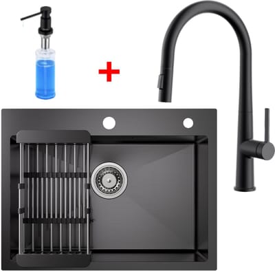 CECIPA max Spoelbak Antraciet 60x45CM - Spoelbak Keuken Met C-uitloop Keukenkraan en Zeepdispenser 300ML - Multifunctionele Spoelbak - Spoelbak Met Afdruiprek - Spoelbakken Keuken - Wasbak Keuken - RVS
