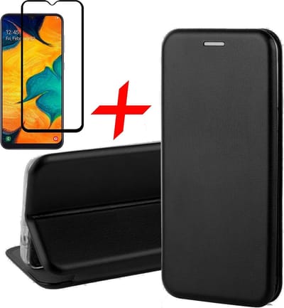 Hoesje geschikt voor Samsung Galaxy A30 - Screen Protector FullGuard - Book Case Kunstleer ThinShield Zwart & Screenprotector