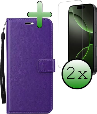 Hoesje Met 2x Screenprotector - Geschikt voor Apple iPhone 16 Pro - Luxe Pasjeshouder - Bookcase Portemonee - Flip Case - Kunstleer Book Case - Flipcase Hoes - Book Cover - Walletcase - Portemonneehoes - Paars