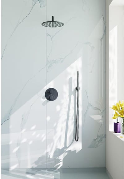 FugaFlow Eccelente Acces Inbouw Regendoucheset - rond - thermostatisch - wandarm - 25cm hoofddouche - staaf handdouche - gladde doucheslang - Geborsteld Gunmetal PVD