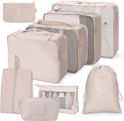 Complete Koffer Organizerset, 9-delig, Waterdichte Inpakzakken, Reiskledingzakken, Inpakcubes met Cosmetica- en Digitale Tas, USB-kabel Organizer (Beige)