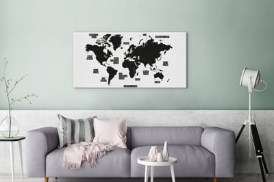 Zwart wit wereldkaart canvas | Wereldkaart Canvas Schilderij 100x50 cm