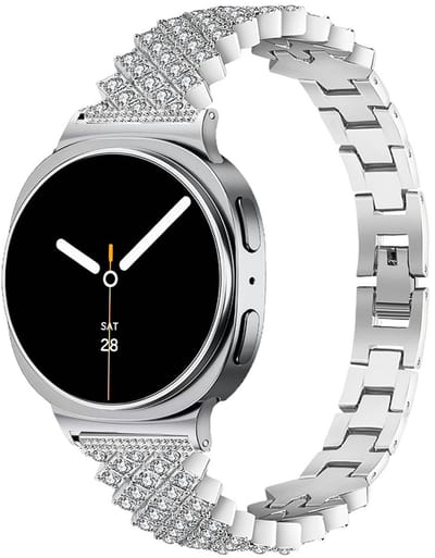 Stravo Luxe Metalen Horlogebandje voor Dames – Geschikt voor Samsung Galaxy Watch 9 (40/44mm) / Watch 8 (40/44mm) / 8 Classic (46mm) – Elegant Sierlijk Bandje met Strass & Kristallen – Zilver