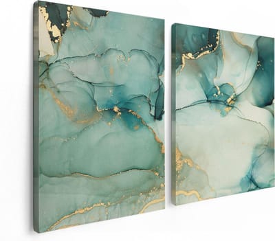 Artaza Canvas Schilderij Tweeluik Abstracte Kunst - Blauwe Marmer met Goud - 120x80 - Foto Op Canvas - Canvas Print