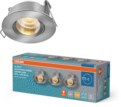 OSRAM Spot Set LED inbouwspot IP65 Press 4,5W satijnnikkel, 320lm 2700K warm wit, CRI≥80, vochtige ruimte, set van 3