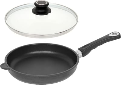 Platte pan - Koekenpan met deksel - Lekker koken - Handgegoten aluminium - Ø 24 cm - Zwart