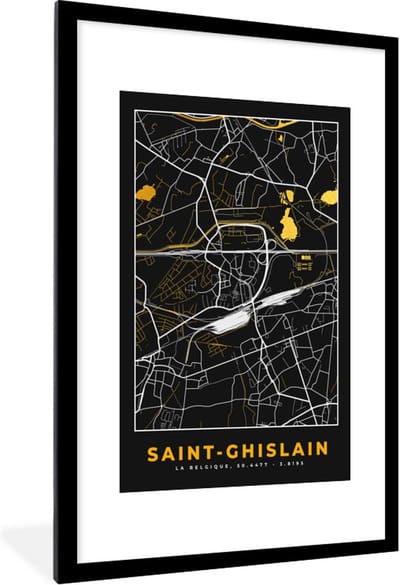 Fotolijst incl. Poster - Kaart - Goud - Stadskaart - België - Plattegrond - 80x120 cm - Posterlijst