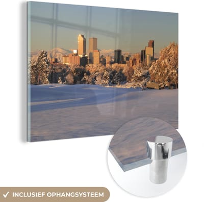 ® Glasschilderij 180x120 cm - Schilderij acrylglas - Denver - Sneeuw - Berg - Foto op glas - Muurdecoratie woonkamer - Wanddecoratie slaapkamer - Schilderijen