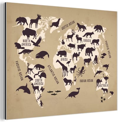 Aluminium schilderij 160x120 cm - Wanddecoratie metaal - Wereldkaart - Dieren - Bruin - Metalen muurdecoratie woonkamer - Decoratie industrieel - Foto op dibond - Industriële accessoires slaapkamer