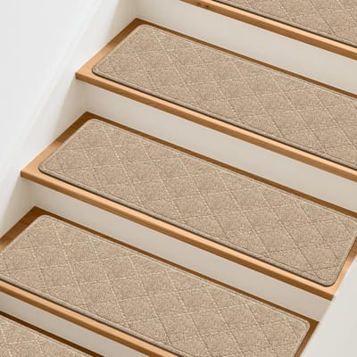 Antislip traptreden (geschikt voor houten trappen), set van 10 stuks - 20 cm x 76 cm. Traptreden voor binnenshuis, geschikt voor kinderen, ouderen en huisdieren. Wasbare traptreden met tapijtbekleding en herbruikbare TPE-achterkant, beige