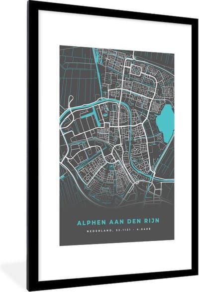 Fotolijst incl. Poster - Stadskaart - Alphen aan den Rijn - Grijs - Blauw - 80x120 cm - Posterlijst - Plattegrond