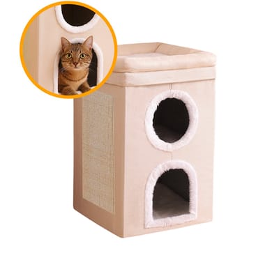 MIRO® Kattenhuis - Kattenmand - Krabton Met Krabpaal - Opvouwbaar - Kattenhuizen - Kattenhok - Dierenhuis - Met Krabmat - Beige