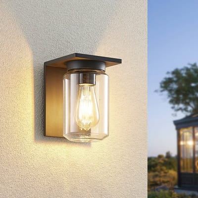 Lucande - Wandlamp buiten - 1licht - Aluminium, gehard glas - H: 20 cm - E27 - donkergrijs, transparant