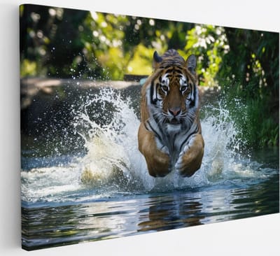 Saammp Canvas Schilderij - Tijger in het water - Natuur - Dieren - 30x20 - Foto op canvas - Wanddecoratie - muurdecoratie Woonkamer - Slaapkamer decoratie - Canvas Print