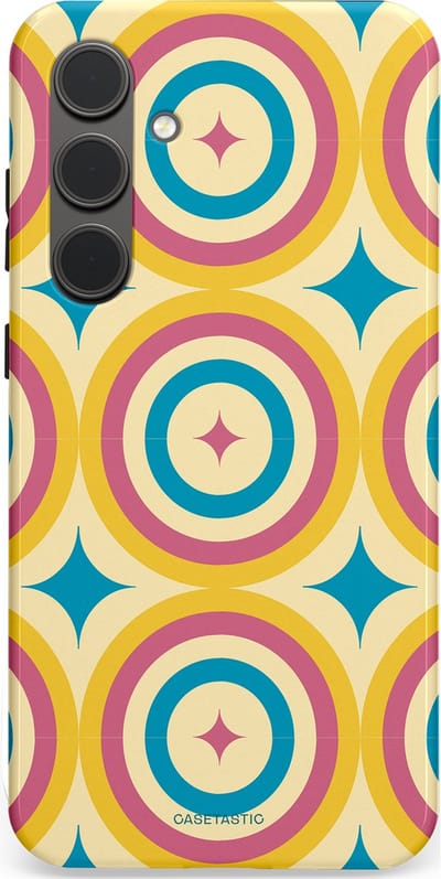 Casetastic hoesje geschikt voor Samsung Galaxy S24 Plus - Dubbellaagse bescherming - Swinging Retro Boogie Circles - Fashion Case - Crème Goud Lichtblauw Koraal