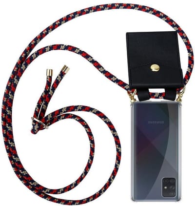 Cadorabo Hoesje geschikt voor Samsung Galaxy A51 4G / M40s in ROOD BLAUW GEEL - Silicone Mobiele telefoon ketting beschermhoes met gouden ringen, koordriem en afneembare etui