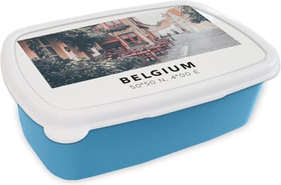 Broodtrommel Blauw - Lunchbox - Brooddoos - Terras - België - Rood - Café - 18x12x6 cm - Kinderen - Jongen