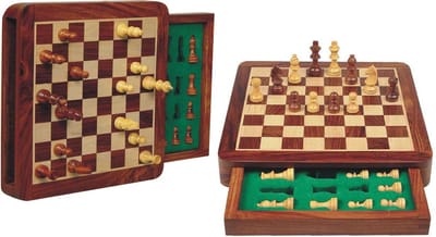 HOT Games schaakspel magnetisch acacia hout met lade 19,5x19,5cm.
