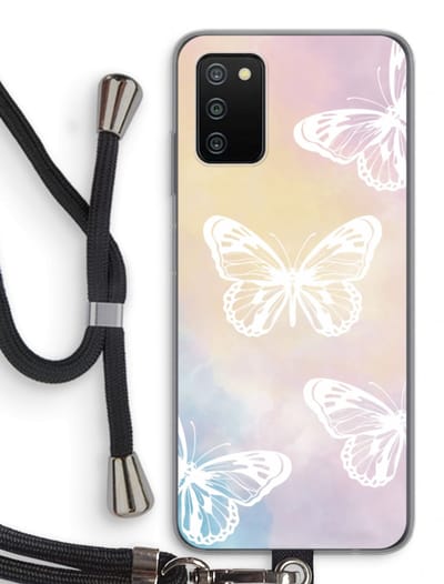 Case Company® - Hoesje met koord geschikt voor Samsung Galaxy A03S hoesje met Koord - White butterfly - Telefoonhoesje met Zwart Koord - Bescherming aan alle Kanten en Over de Schermrand