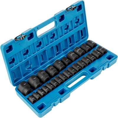 Slagmoersleutelset, 1/2 Inch, 26-Delig, Platte 6-Punts Dopsleutel, Robuuste Cr-Mo Constructie, 1/2 Inch Aandrijving, metrisch 10 mm - 36 mm, met Opbergkoffer