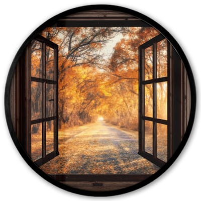 Poster in lijst Rond - Fotolijst 40x40 cm - Posters - Bos - Herfst - Bomen - Bospad - Natuur - Doorkijk - Ronde posterlijst zwart - Decoratie - Wanddecoratie woonkamer - Muurdecoratie slaapkamer