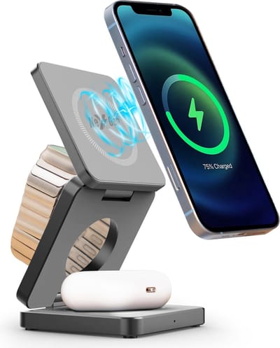 NexGen 3 in 1 Draadloze Oplader - 15W Snellader - Geschikt voor MagSafe - Opvouwbaar Oplaadstation - Wireless Charger - Grijs