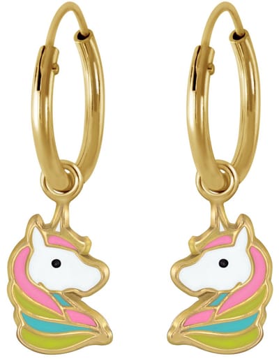 Joy|S - Zilveren eenhoorn bedel oorbellen unicorn multicolor - gold plated